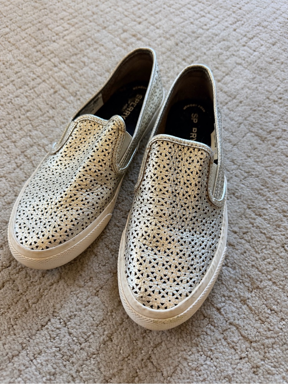 Sperry Metallic Silver Perforated Slip-On Moccasins